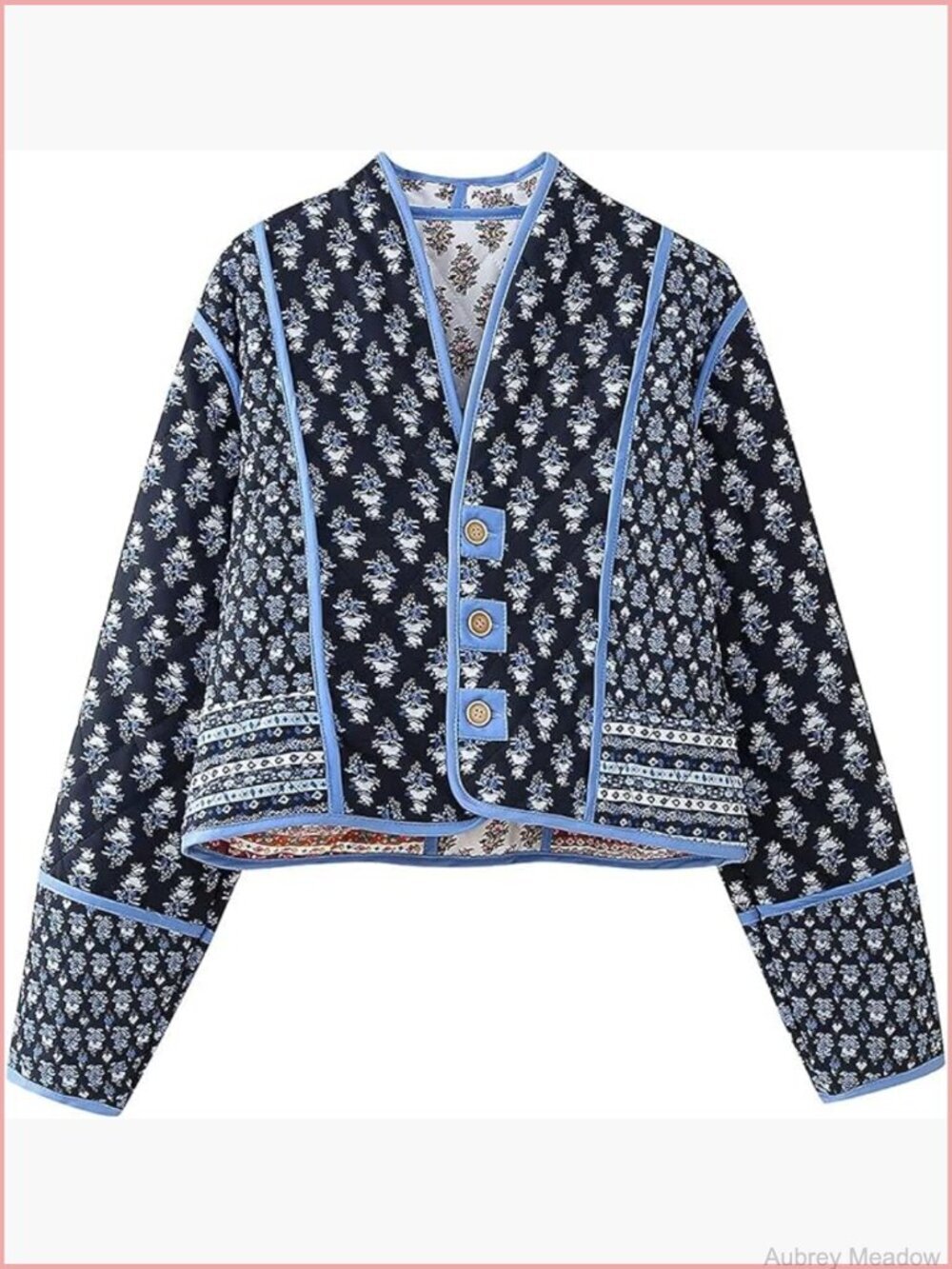 Lightweight Quilted Cropped Puffer Jacket Floral Print Open Front Winter Outwear